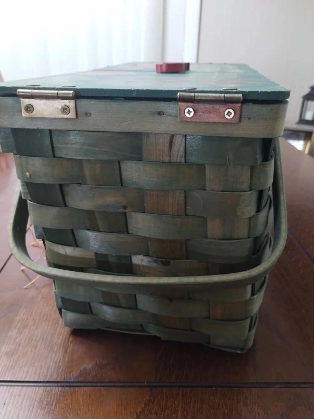 Vintage Handcrafted Green Woven Picnic Basket with Apple Accent